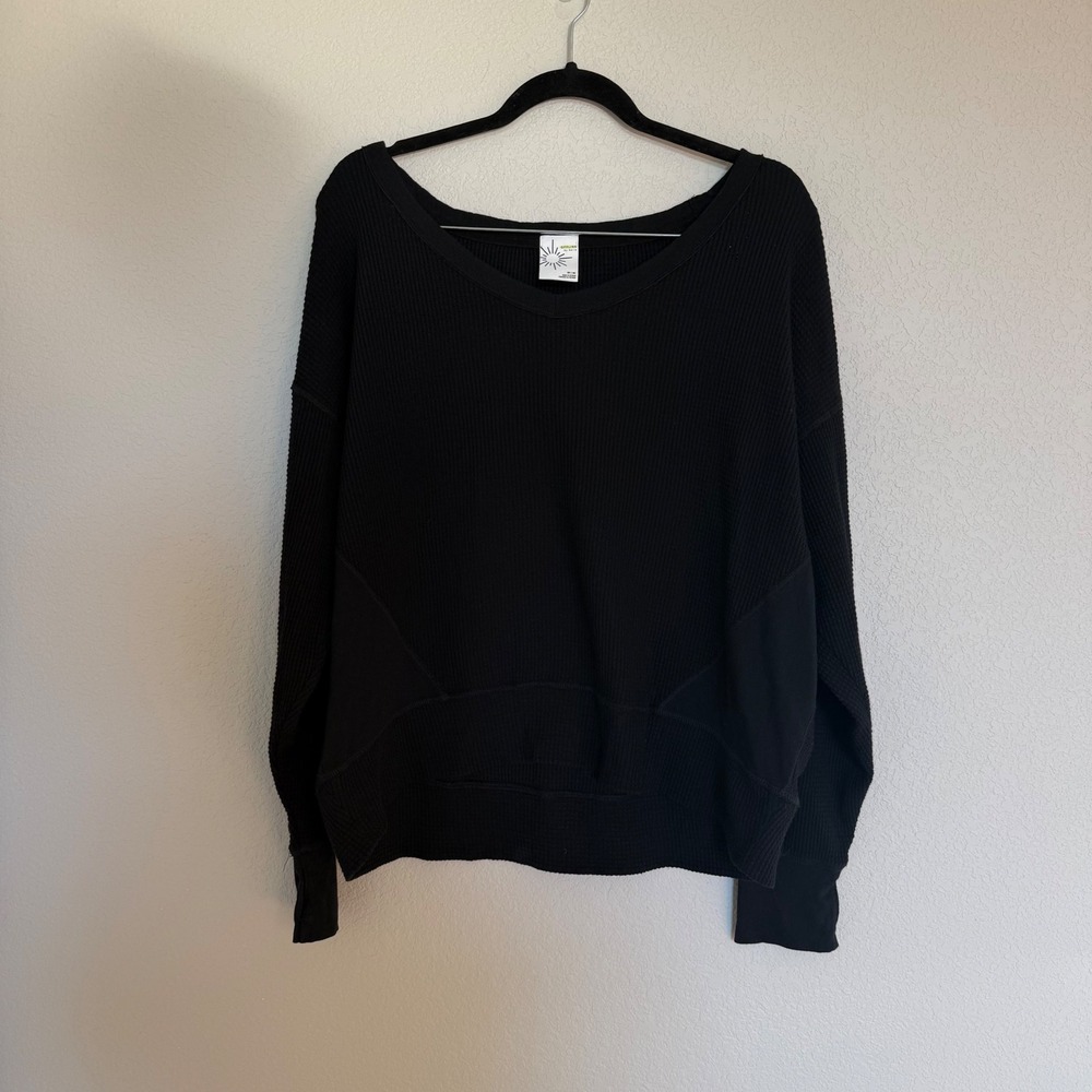 OFFLINE Aerie Womens Black Waffle Knit Drop Shoulder Sweatshirt Medium Cozy